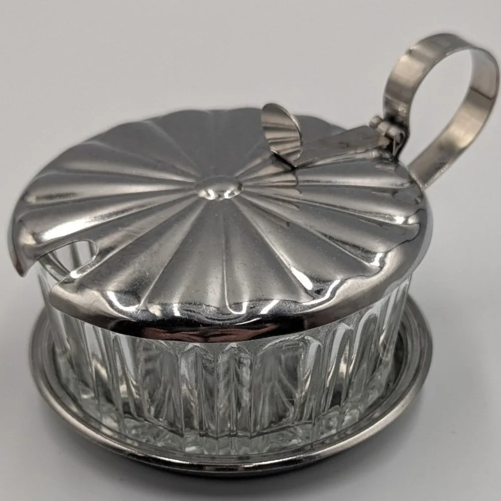 Vintage Jam Jar Glass and Chrome Fluted Hinged Lid Condiment Server OS
